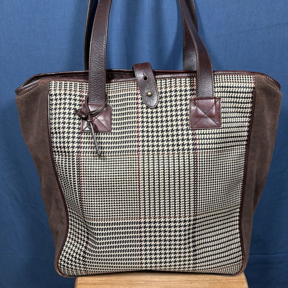 Vintage Lauren Ralph Lauren Brown Leather Suede Houndstooth Tote Shoulder Bag - Picture 2 of 11